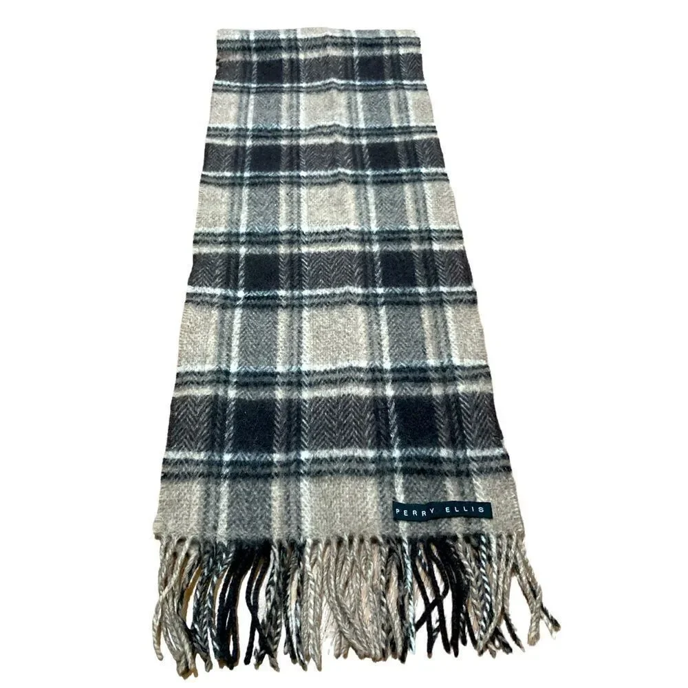 Perry Ellis dark brown and tan plaid wool scarf.